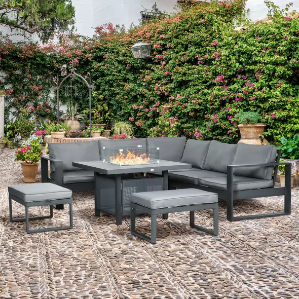 Outsunny 6-Piece Aluminium Garden Furniture Set with Fire Pit Table, Outdoor Dining Sofa Set with Cushions, Loveseats and Footstools, Sectional Corner Conservatory Furniture for Patio, Grey - 2
