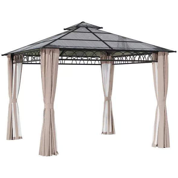 Outsunny 3 x 3 (m) Outdoor Polycarbonate Gazebo, Double Roof Hard Top Gazebo with Galvanised Steel Frame, Nettings & Curtains for Garden, Lawn, Patio and Deck, Khaki - 1