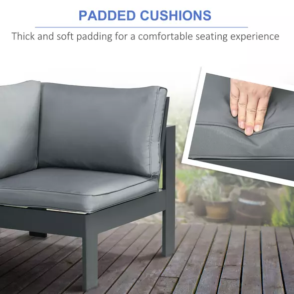 Outsunny 6-Piece Aluminium Garden Furniture Set with Fire Pit Table, Outdoor Dining Sofa Set with Cushions, Loveseats and Footstools, Sectional Corner Conservatory Furniture for Patio, Grey - 6