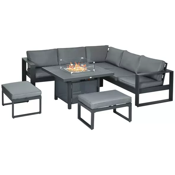 Outsunny 6-Piece Aluminium Garden Furniture Set with Fire Pit Table, Outdoor Dining Sofa Set with Cushions, Loveseats and Footstools, Sectional Corner Conservatory Furniture for Patio, Grey - 1