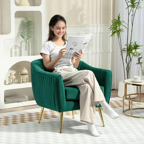 HOMCOM Velvet-Feel Shell Back Accent Chair - Green - 2