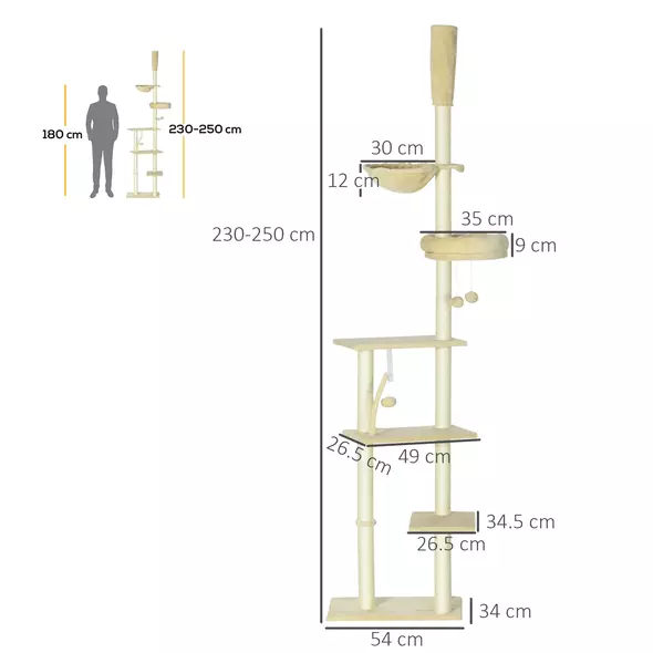 PawHut 230-250cm Floor-to-Ceiling Climbing Cat Tree Tower - Beige - 3