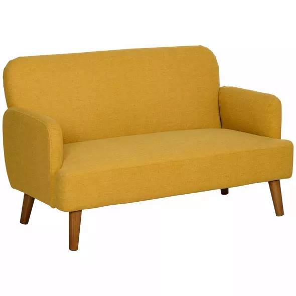HOMCOM Velvet Feel Fabric 2 Seater Sofa, Small Sofa Loveseat with 21cm Thick Padding and Wood Legs, Yellow - 1