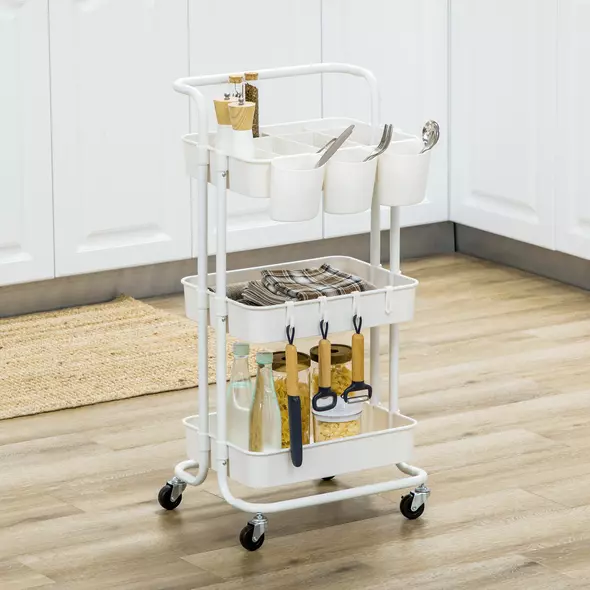 HOMCOM Three-Tier Home Trolley, with Handle and Wheels - White - 2