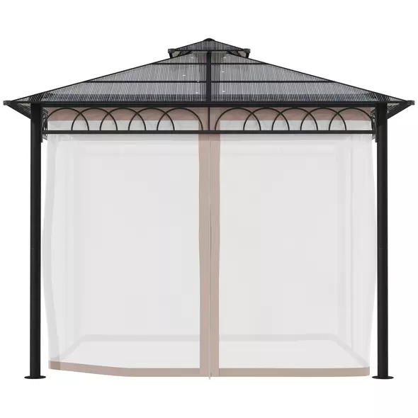 Outsunny 3 x 3 (m) Outdoor Polycarbonate Gazebo, Double Roof Hard Top Gazebo with Galvanised Steel Frame, Nettings & Curtains for Garden, Lawn, Patio and Deck, Khaki - 9