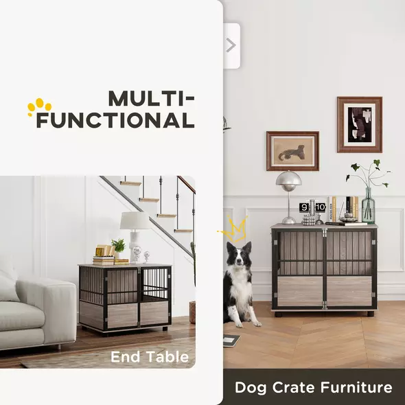 PawHut 80cm Furniture Style Dog Crate Dog Cage End Table Indoor with 3 Doors Soft Washable Cushion, for Medium Sized Dogs - 6