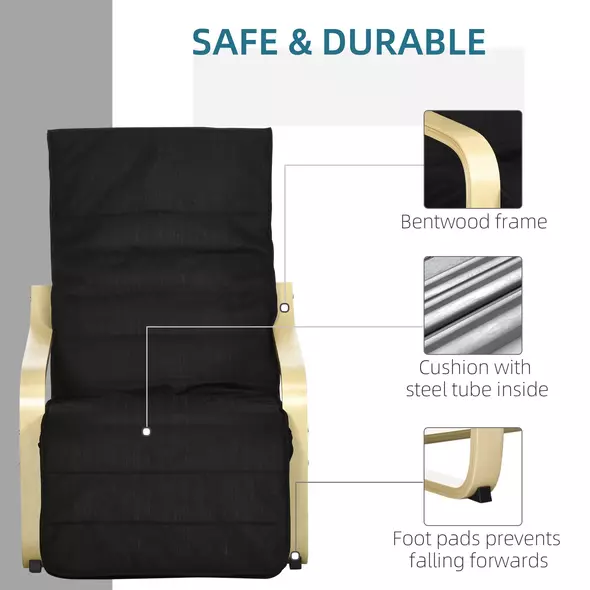 HOMCOM Wooden Armchair, Upholstered Linen Lounge Chair with Adjustable Footrest & Removable Cushion, Poang Chair for Living Room, Black - 6