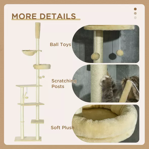 PawHut 230-250cm Floor-to-Ceiling Climbing Cat Tree Tower - Beige - 6