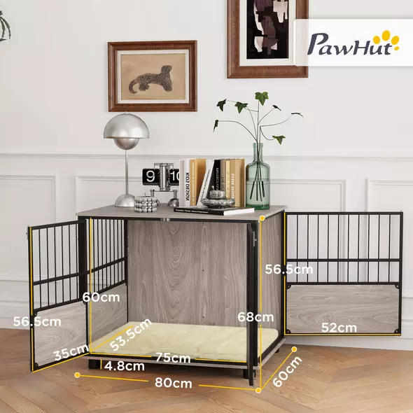 PawHut 80cm Furniture Style Dog Crate Dog Cage End Table Indoor with 3 Doors Soft Washable Cushion, for Medium Sized Dogs - 3
