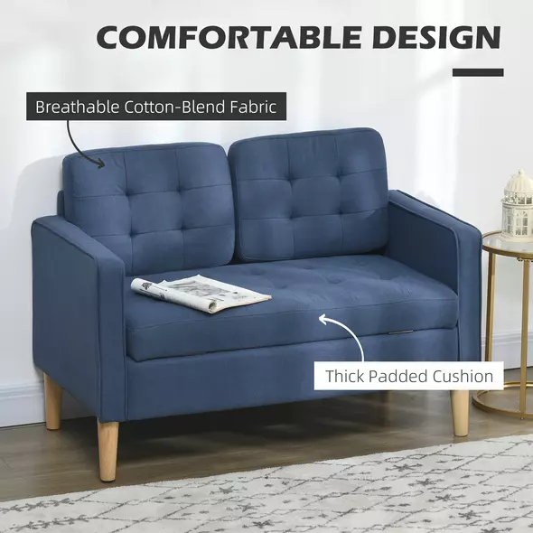 HOMCOM Modern Loveseat Sofa, Compact 2 Seater Sofa with Hidden Storage, 117cm Tufted Cotton Couch with Wood Legs, Blue - 5