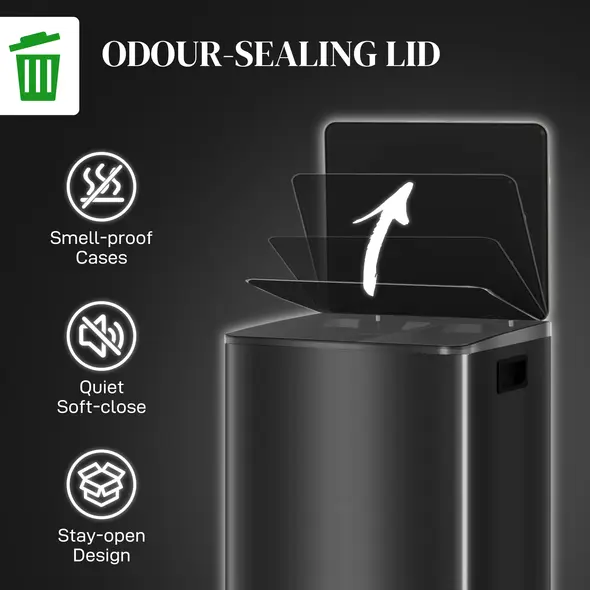 HOMCOM 60L Dual Compartment Stainless Steel Bin, with Deodoriser Holders - Black - 6