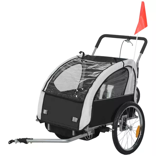 HOMCOM 2 Seat Bike Trailer with 5 Point Harness, Baby Bike Stroller with Safety Flag, Reflectors, for 18+ Months, Black - 1