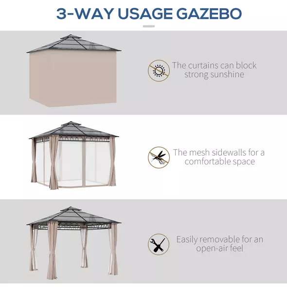 Outsunny 3 x 3 (m) Outdoor Polycarbonate Gazebo, Double Roof Hard Top Gazebo with Galvanised Steel Frame, Nettings & Curtains for Garden, Lawn, Patio and Deck, Khaki - 5
