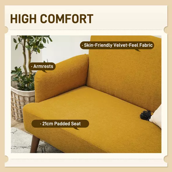 HOMCOM Velvet Feel Fabric 2 Seater Sofa, Small Sofa Loveseat with 21cm Thick Padding and Wood Legs, Yellow - 4