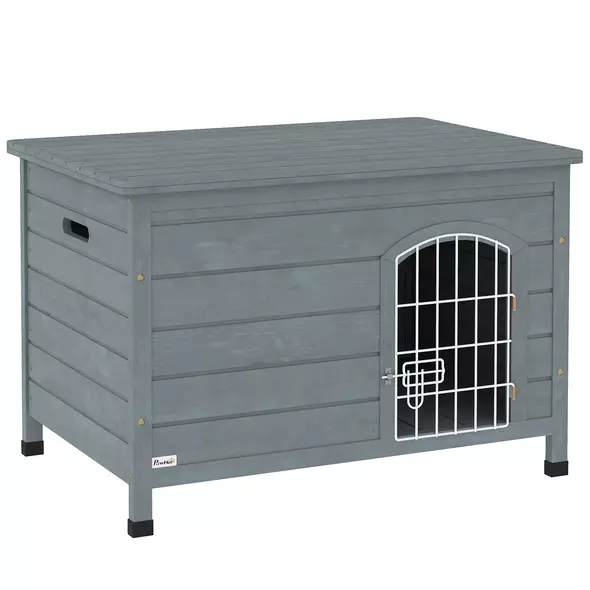 PawHut Wooden Dog House with Removable Bottom, Wire Door, Openable Top, Pet Shelter for Small Dog, 80 x 55 x 53.5cm, Dark Grey - 1