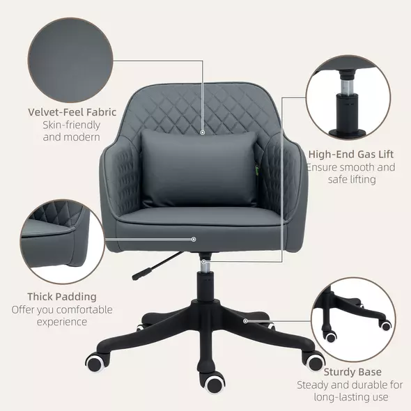 Vinsetto Microfiber Office Chair, Desk Chair, Makeup Vanity Chair with Massage Lumbar Pillow and Rolling Wheels for Bedroom and Home, Grey - 7