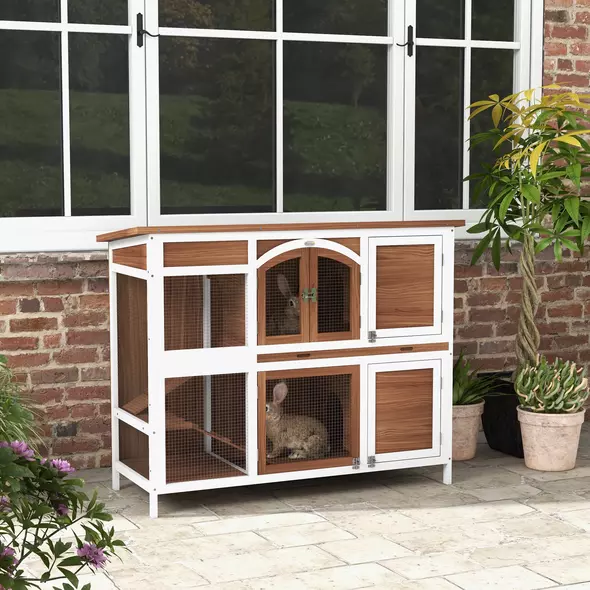 PawHut Two-Tier Wooden Pet Hutch with Openable Roof, Slide-Out Tray - 2