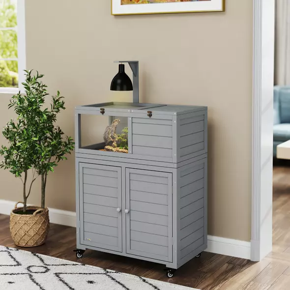 PawHut Wooden Tortoise House with Storage Cabinet, Openable Top, Lamp Holder, Windows, Light Grey - 2