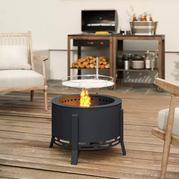 Outsunny Portable Fire Pit, 58 cm Round Firepit with Grill Grate, Fire Bowl with Ash Catcher and Poker, Fire Pit BBQ for Garden Camping Bonfire Picnic, Black - 9