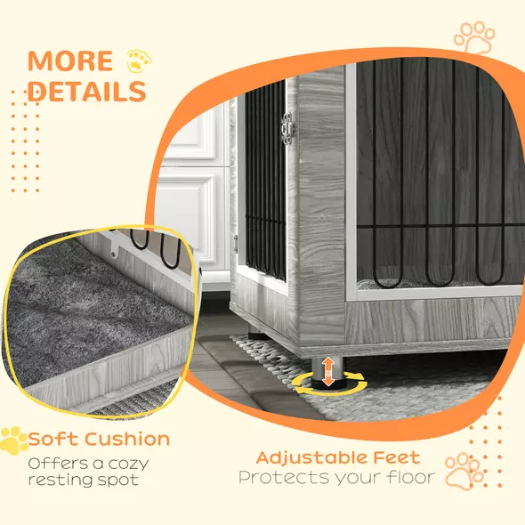 PawHut Indoor Dog Kennel w/ Soft Cushion, Double Door for Large Dogs, 106 x 74 x 81.5cm, Grey - 7