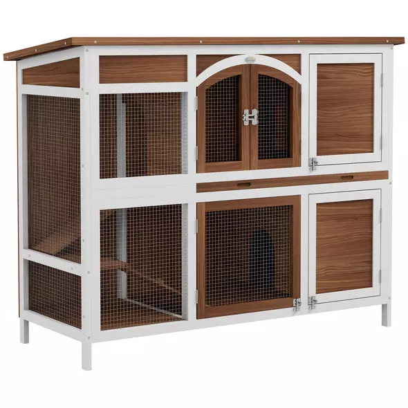 PawHut Two-Tier Wooden Pet Hutch with Openable Roof, Slide-Out Tray - 1
