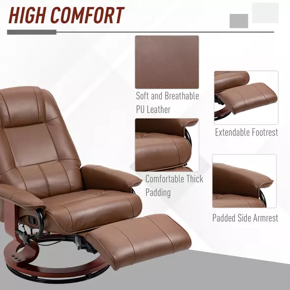 HOMCOM Faux Leather Armchair, with 145° Reclining Back and Footrest - Brown - 6