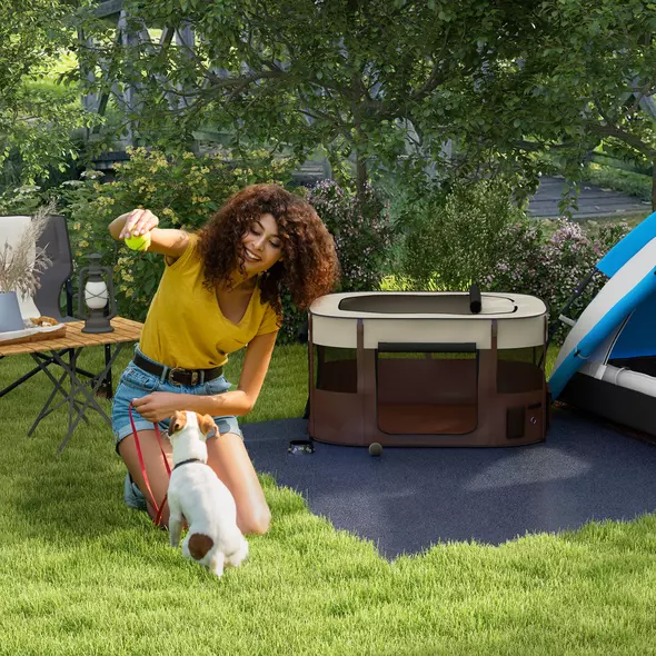 PawHut Foldable Dog Pen with Storage Bag for Indoor/Outdoor Use, Portable Pet playpen, with Ground Stakes - Brown - 2