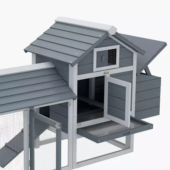 PawHut Small Chicken Coop with Run Hen House Poultry Coops Cages Nesting Box Grey 150.5 x 54 x 87cm - 9