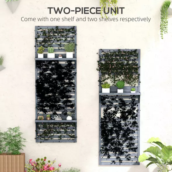 Outsunny Wall Mounted Plant Stands Set of 2, Fir Wood Flower Stand with Shelves and Slatted Trellis for Patio, Balcony, Porch - 4