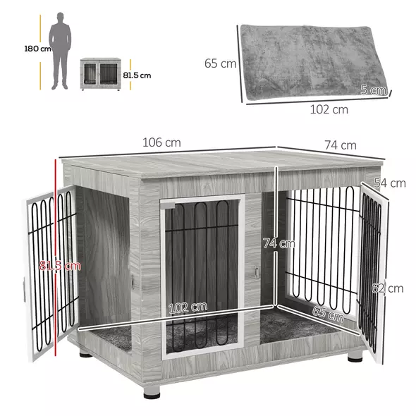 PawHut Indoor Dog Kennel w/ Soft Cushion, Double Door for Large Dogs, 106 x 74 x 81.5cm, Grey - 3