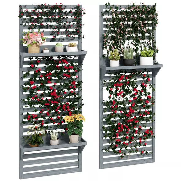Outsunny Wall Mounted Plant Stands Set of 2, Fir Wood Flower Stand with Shelves and Slatted Trellis for Patio, Balcony, Porch - 1