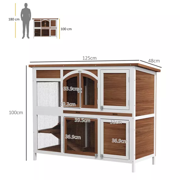PawHut Two-Tier Wooden Pet Hutch with Openable Roof, Slide-Out Tray - 3