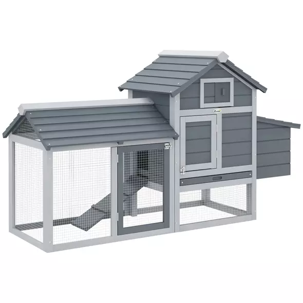 PawHut Small Chicken Coop with Run Hen House Poultry Coops Cages Nesting Box Grey 150.5 x 54 x 87cm - 1