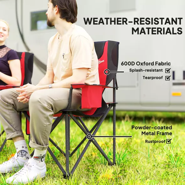 Outsunny Set of 2 Folding Camping Chairs, Padded Camping Chairs with Adjustable Armrests, Portable & Lightweight Folding Camp Chair with Cooler Bag, Cup Holder and Side Pockets, Red - 5