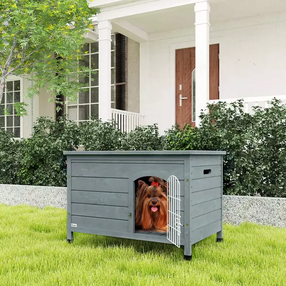PawHut Wooden Dog House with Removable Bottom, Wire Door, Openable Top, Pet Shelter for Small Dog, 80 x 55 x 53.5cm, Dark Grey - 2