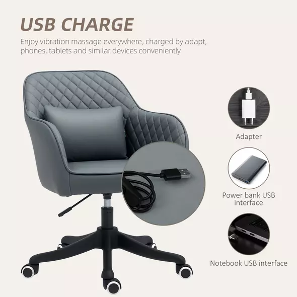 Vinsetto Microfiber Office Chair, Desk Chair, Makeup Vanity Chair with Massage Lumbar Pillow and Rolling Wheels for Bedroom and Home, Grey - 4