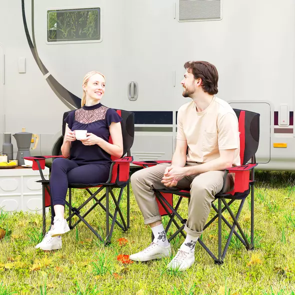 Outsunny Set of 2 Folding Camping Chairs, Padded Camping Chairs with Adjustable Armrests, Portable & Lightweight Folding Camp Chair with Cooler Bag, Cup Holder and Side Pockets, Red - 8