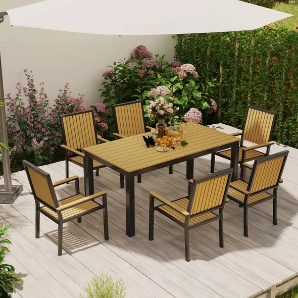 Outsunny 6 Seater Garden Dining Set with Stackable Chairs, Aluminium Frame, Rectangular Plastic Top, Garden Furniture Set, Outdoor Dining Table and Chairs for Patio, Balcony, Poolside, Nature Wood - 9