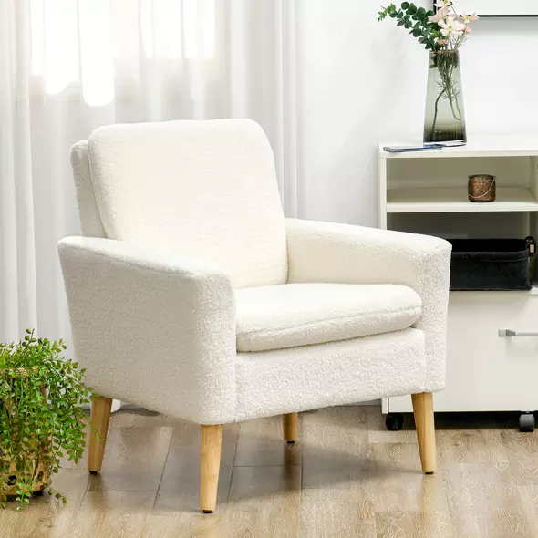 HOMCOM Armchair, Upholstered Accent Chair with Wood Legs and Wide Padded Seat, Teddy Occasional Chair, Cream White - 2