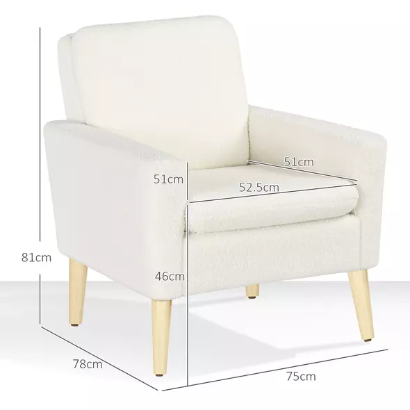 HOMCOM Armchair, Upholstered Accent Chair with Wood Legs and Wide Padded Seat, Teddy Occasional Chair, Cream White - 3