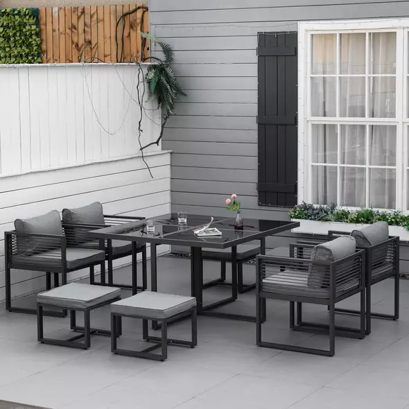 Outsunny Nine-Piece Aluminium Garden Set, with Glass-Top Table - Grey - 2