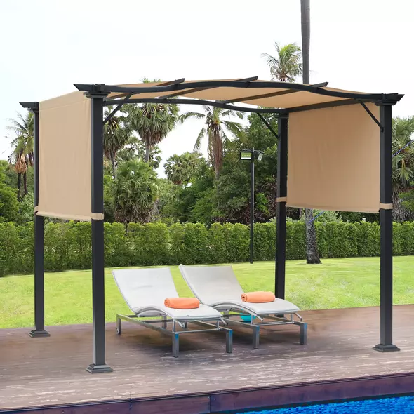 Outsunny Outdoor Retractable Pergola Garden Gazebo with Two Adjustable Side Canopy Overhead Sun Shade Backyard Canopy Cover, Steel Khaki 2.96x2.45x2.3m - 2