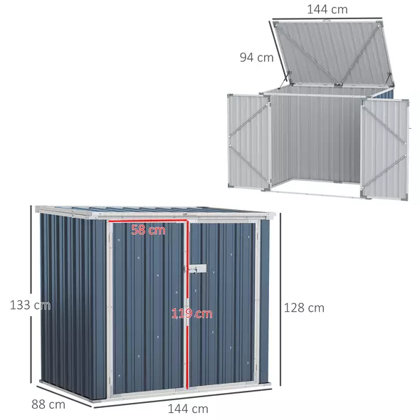 Outsunny 5ft x 3ft Garden 2-Bin Steel Storage Shed, Double Rubbish Storage Shed, Hide Dustbin w/ Locking Doors and Openable Lid - 3