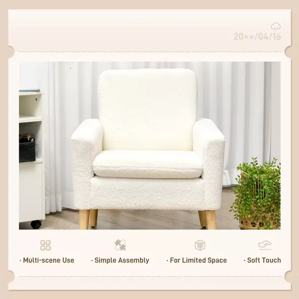 HOMCOM Armchair, Upholstered Accent Chair with Wood Legs and Wide Padded Seat, Teddy Occasional Chair, Cream White - 6