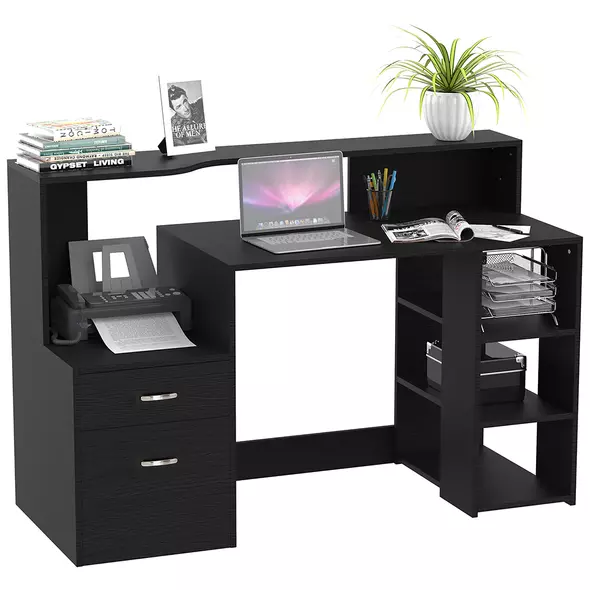 HOMCOM Computer Desk with Drawers and Storage Shelves, Office Desk Writing Table with Printer Stand, Large Workstation for Study Play Work Home Office, 137 x 55 x 92cm, Black - 1