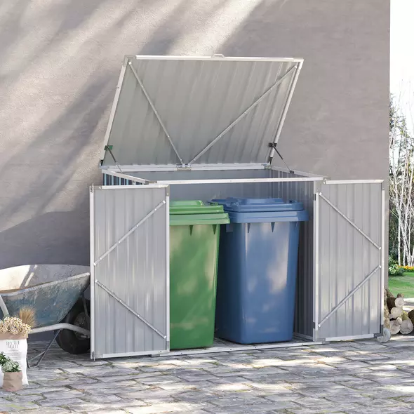 Outsunny 5ft x 3ft Garden 2-Bin Steel Storage Shed, Double Rubbish Storage Shed, Hide Dustbin w/ Locking Doors and Openable Lid - 2