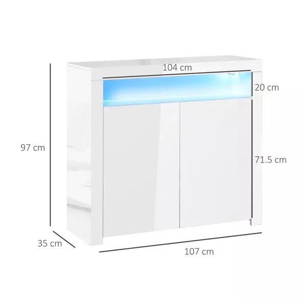 HOMCOM 2-Door Sideboard with LED Light, High Gloss Lighted Storage Cabinet with Shelves and Open Compartment, Modern Kitchen Sideboard for Dining Room, Living Room, 107 x 35 x 97cm, White - 3