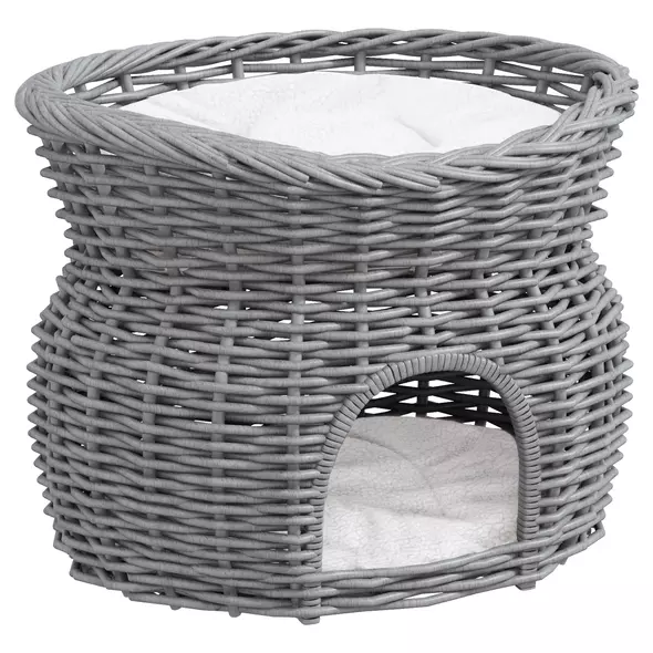 PawHut 2-Tier Wicker Cat House Elevated Pet Bed Basket Willow Kitten Tower Pet Den. with Washable Cushions 56x37x40cm Grey - 1