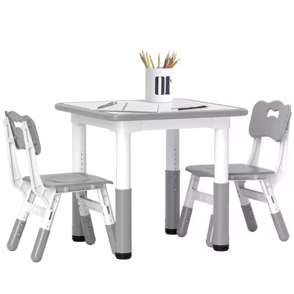 AIYAPLAY Height Adjustable Toddler Table and Chair Set, 3 Pcs Children Activity Table w/ 2 Chairs, for Playroom, Bedroom - Grey - 1
