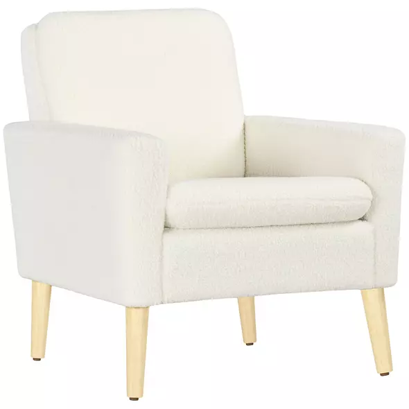 HOMCOM Armchair, Upholstered Accent Chair with Wood Legs and Wide Padded Seat, Teddy Occasional Chair, Cream White - 1